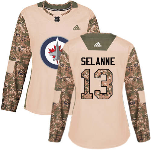 Adidas Jets #13 Teemu Selanne Camo Authentic Veterans Day Women's Stitched NHL Jersey - Click Image to Close